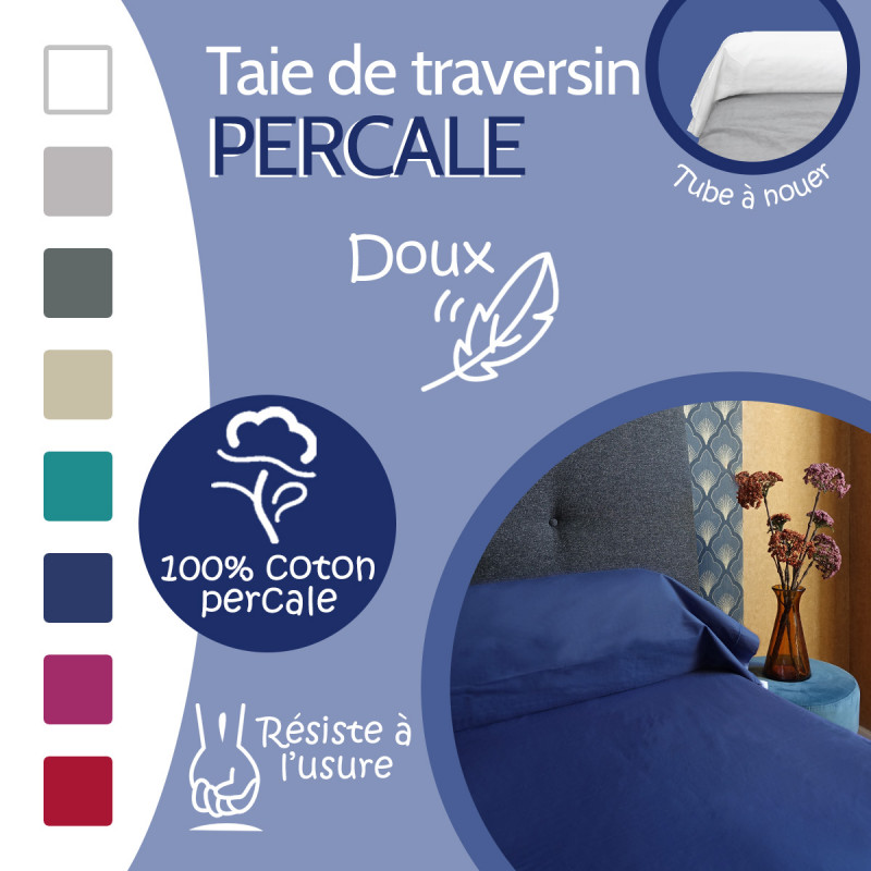Taie Pour Traversin 90 Cm - Uni Gris - 100% Coton Percale - Taie