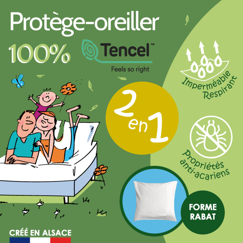 Oreiller anti-acarien, enveloppe coton ESSENTIAL, fabriqué en France